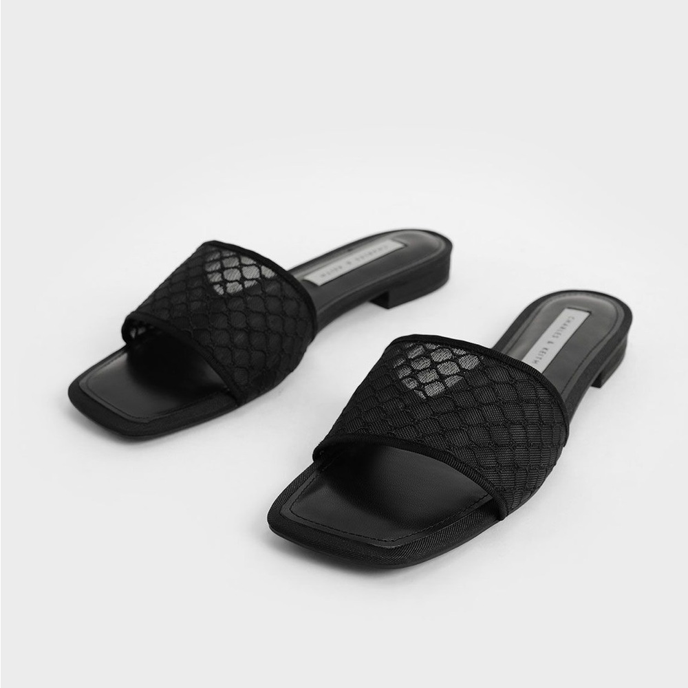 NWOT Charles & Keith Black Mesh and Grosgrain Slide Sandals Size 37